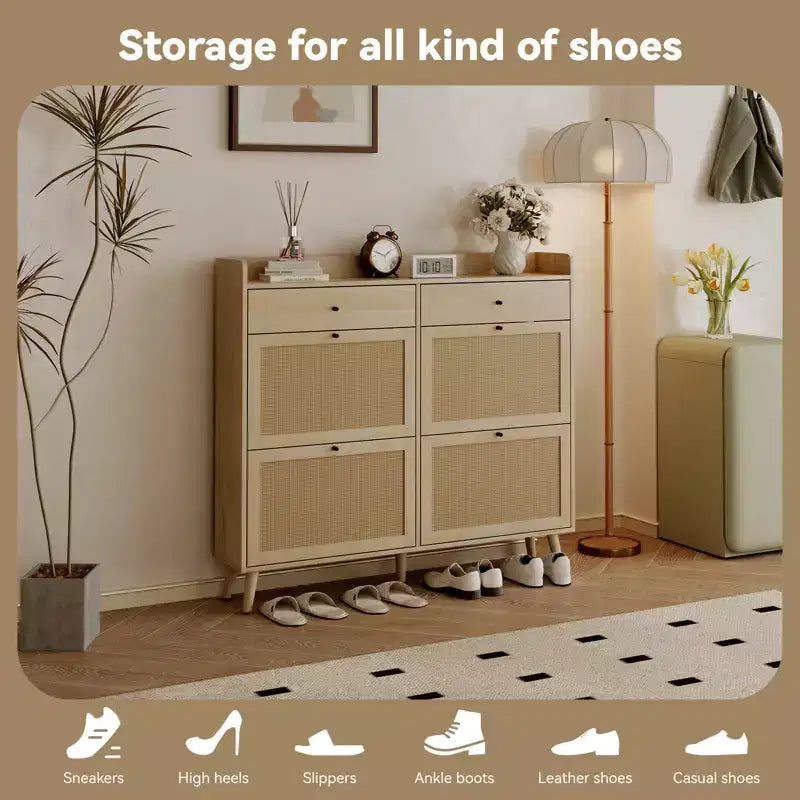 Scarpiera in Rattan, 4 Cassetti a Ribalta e 2 Cassetti Estraibili, Organizzatore Bohemien per Ingresso, Rovere Naturale