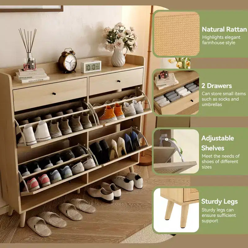 Scarpiera in Rattan, 4 Cassetti a Ribalta e 2 Cassetti Estraibili, Organizzatore Bohemien per Ingresso, Rovere Naturale