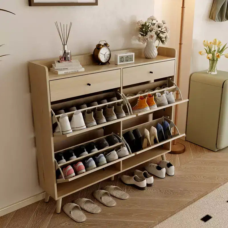 Scarpiera in Rattan, 4 Cassetti a Ribalta e 2 Cassetti Estraibili, Organizzatore Bohemien per Ingresso, Rovere Naturale