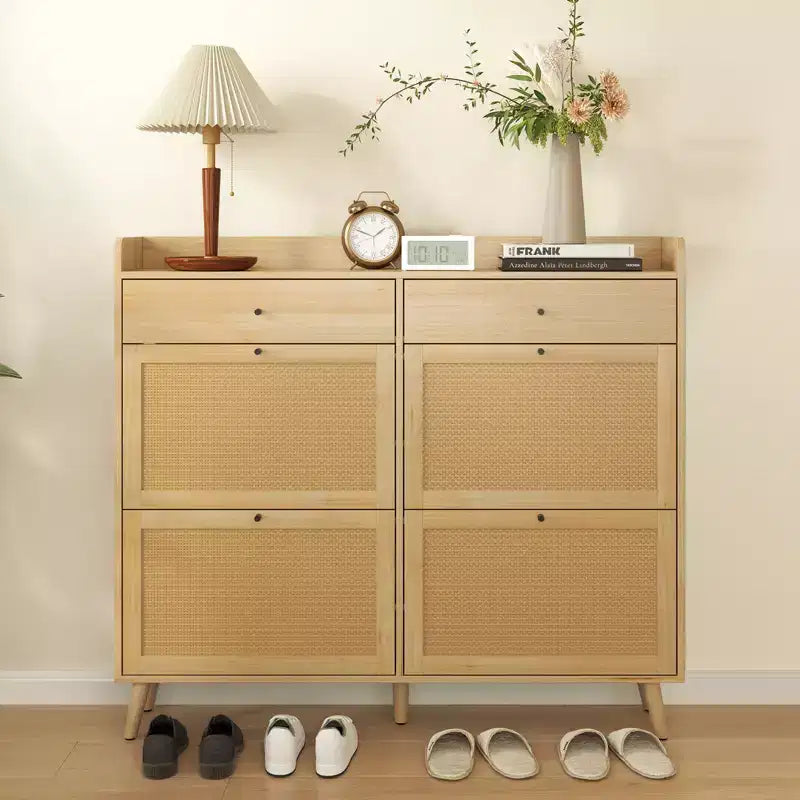 Scarpiera in Rattan, 4 Cassetti a Ribalta e 2 Cassetti Estraibili, Organizzatore Bohemien per Ingresso, Rovere Naturale