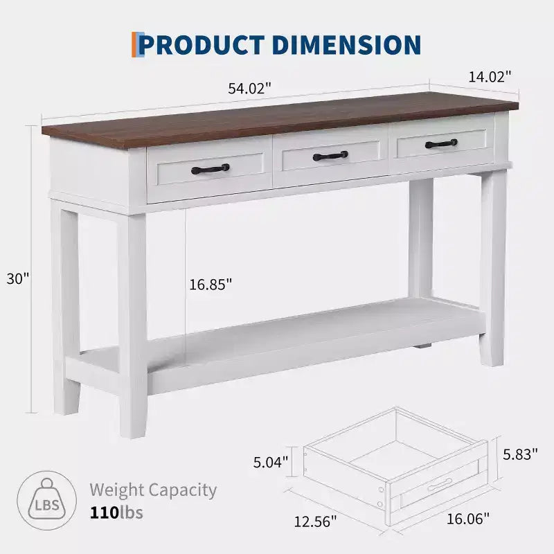 Consolle da ingresso da 54" con 3 cassetti e ripiano a 2 livelli, tavolino stretto per corridoio e soggiorno