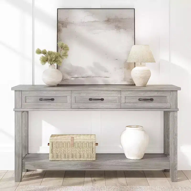 54 Entryway Console Table with 3 Drawers, 2 Tier Wooden Narrow Sofa Table Behind Couch, Rectangular Hallway Table for Entryway Living Room