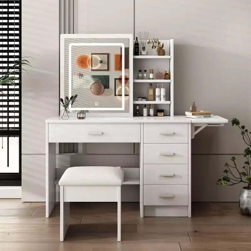 Okak Makeup Vanity with Open Shelves and 5 Drawers, Vanity Table with Large Mirror and Side Storage Shelves, Makeup Desk for Bedroom, White