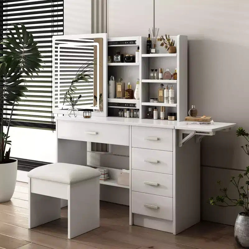 Toeletta con Specchio e Ripiani Aperti, 5 Cassetti, Scomparto Laterale, Bianco