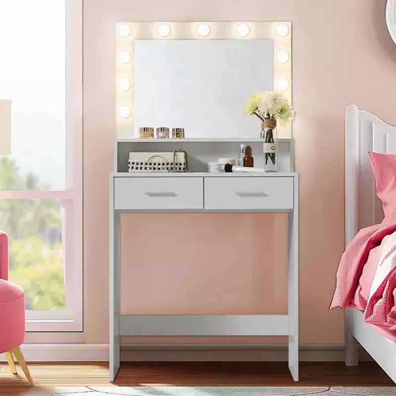 Okak Compact Vanity with Rectangular Mirror, Makeup Vanity with 2 Large Drawers, Vanity Table with 3 Modes for Bedroom, Dressing Room, White