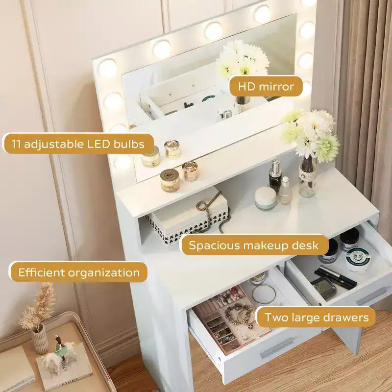 Tavolino da Trucco Compatto con Specchio Rettangolare, 2 Grandi Cassetti e 3 Modalità di Illuminazione, Bianco