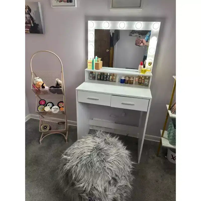 Tavolino da Trucco Compatto con Specchio Rettangolare, 2 Grandi Cassetti e 3 Modalità di Illuminazione, Bianco