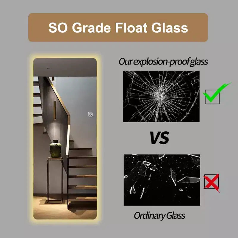 Specchio a parete a figura intera LED da 65", con angoli arrotondati senza cornice, 3 modalità di illuminazione, rettangolare