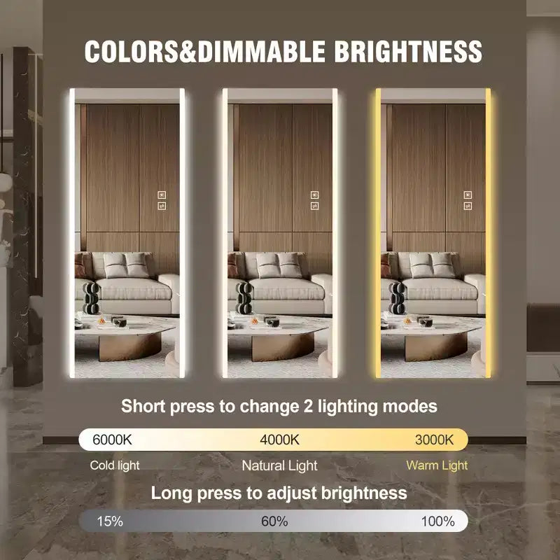 Specchio LED a figura intera da 65", 3 modalità di illuminazione, montaggio a parete o appoggio, rettangolare