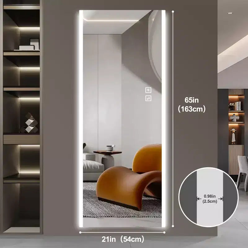 Specchio LED a figura intera da 65", 3 modalità di illuminazione, montaggio a parete o appoggio, rettangolare