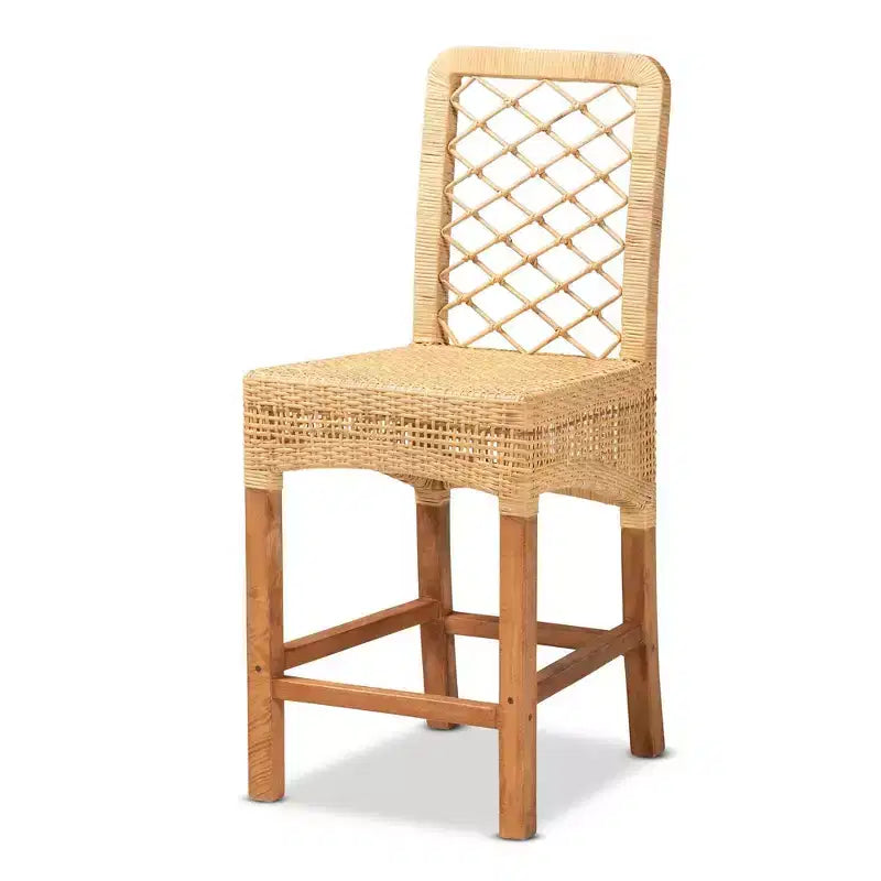 bali & pari Moscow Rattan and Wood Counter Height Barstool Natural/Walnut: Bohemian Style, Mango Frame, No Assembly Required