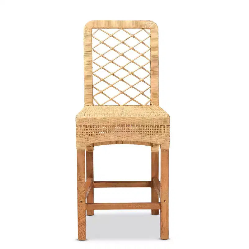 Sgabello da Bar Altezza Bancone in Rattan e Legno di Mango, Stile Bohemien, Naturale/Noce, Nessun Montaggio Richiesto