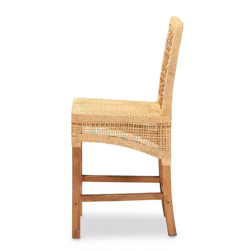 Sgabello da Bar Altezza Bancone in Rattan e Legno di Mango, Stile Bohemien, Naturale/Noce, Nessun Montaggio Richiesto