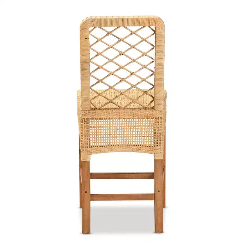 Sgabello da Bar Altezza Bancone in Rattan e Legno di Mango, Stile Bohemien, Naturale/Noce, Nessun Montaggio Richiesto