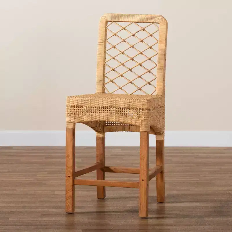 Sgabello da Bar Altezza Bancone in Rattan e Legno di Mango, Stile Bohemien, Naturale/Noce, Nessun Montaggio Richiesto