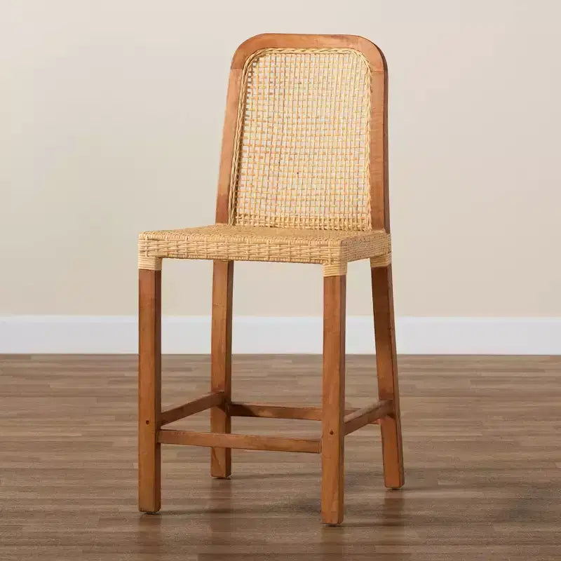 Sgabello da bar in legno e rattan, altezza bancone, stile Mid-Century Modern, naturale/noce, nessun assemblaggio richiesto