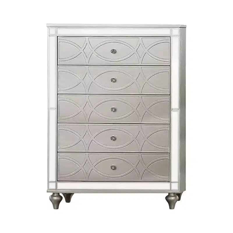 Cassettiera a 5 cassetti Glamour con inserti a specchio, Finitura argento, Impiallacciatura in legno