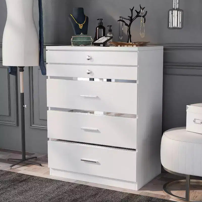 HOMES: Inside + Out Garneta 5 Drawer Chest with Jewelry Drawers White: Modern Vertical Dresser, Anti-Tip Hardware, Glossy Finish