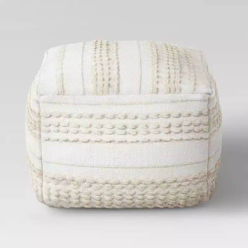 Lory Pouf Textured Neutral - Threshold™: Bohemian Square Ottoman, Tufted Handmade, Light Beige, Cotton Wool Blend