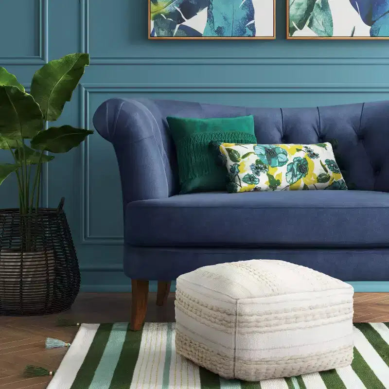 Pouf ottomano quadrato bohémien, trapuntato a mano, beige chiaro, misto cotone e lana