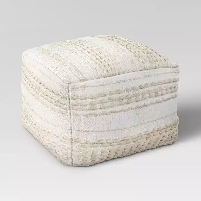 Pouf ottomano quadrato bohémien, trapuntato a mano, beige chiaro, misto cotone e lana