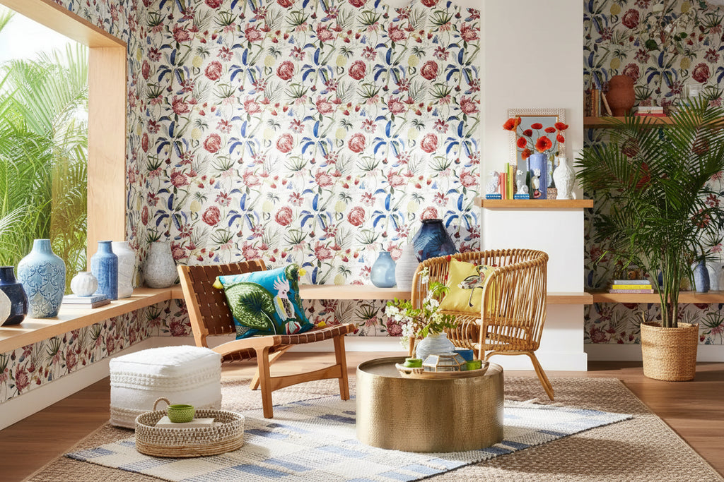 Pouf ottomano quadrato bohémien, trapuntato a mano, beige chiaro, misto cotone e lana