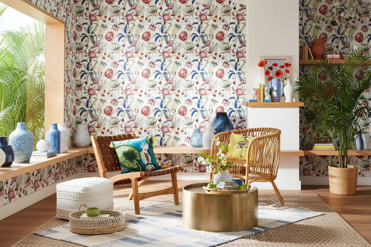 Pouf ottomano quadrato bohémien, trapuntato a mano, beige chiaro, misto cotone e lana