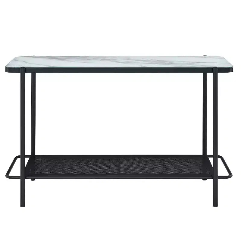 Consolle contemporanea da divano, piano in vetro effetto marmo e ripiano in metallo traforato, bianco/nero