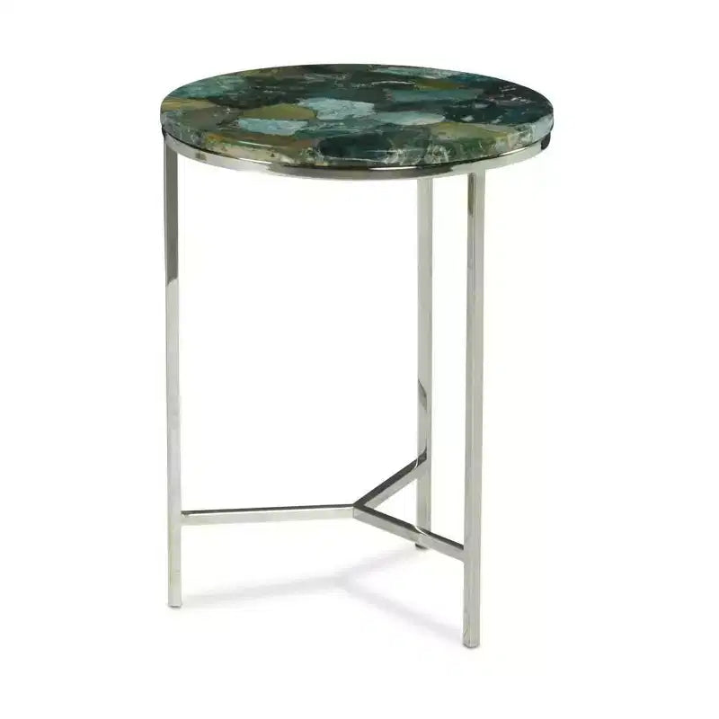 Tavolino rotondo con accenti, piano in pietra di agata verde smeraldo, base cromata