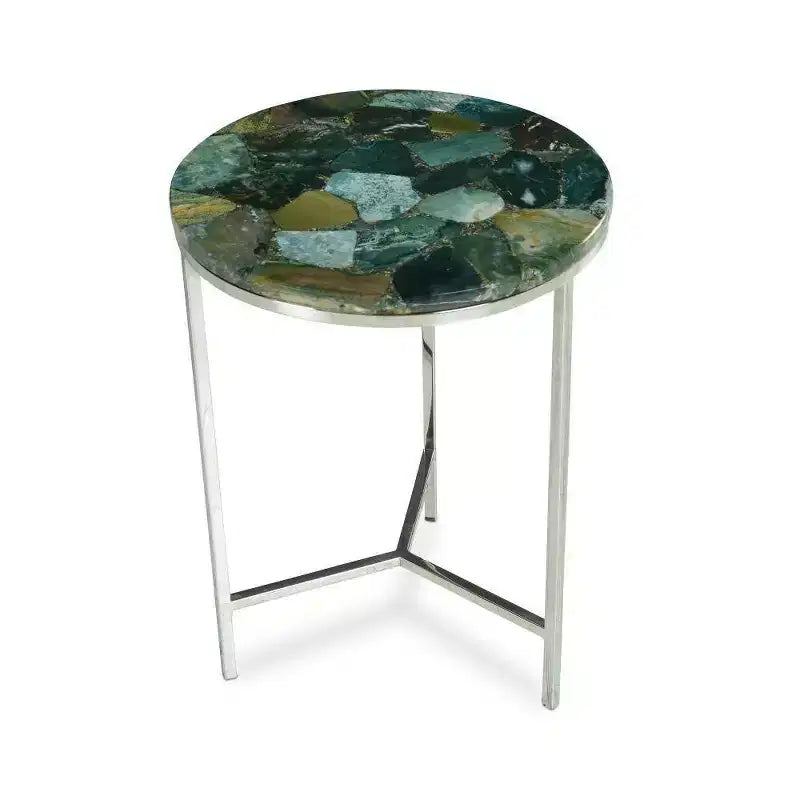 Tavolino rotondo con accenti, piano in pietra di agata verde smeraldo, base cromata