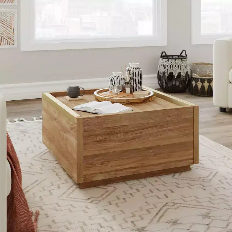 Tavolino Quadrato con 2 Cassetti, Finitura Mango Sindoori, Moderno Minimalista