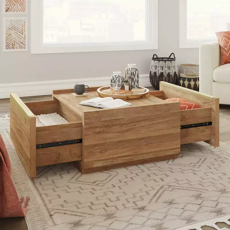 Tavolino Quadrato con 2 Cassetti, Finitura Mango Sindoori, Moderno Minimalista