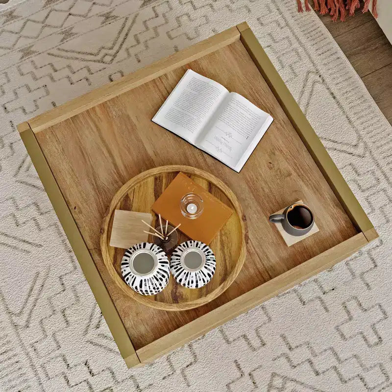 Tavolino Quadrato con 2 Cassetti, Finitura Mango Sindoori, Moderno Minimalista