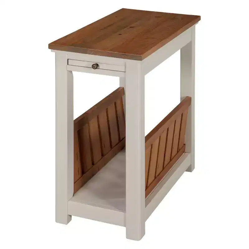 Savannah Chairside Magazine End Table with Pull Out Shelf Ivory with Natural Wood Top - Alaterre Furniture