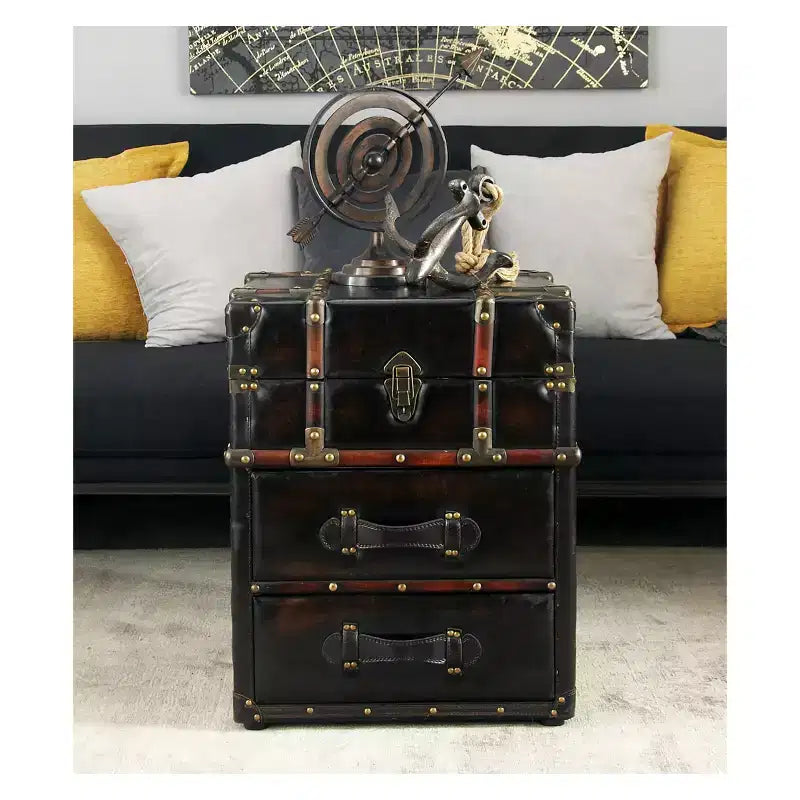 Tavolino da salotto a baule in legno e similpelle marrone espresso, nessun assemblaggio richiesto, 2 cassetti