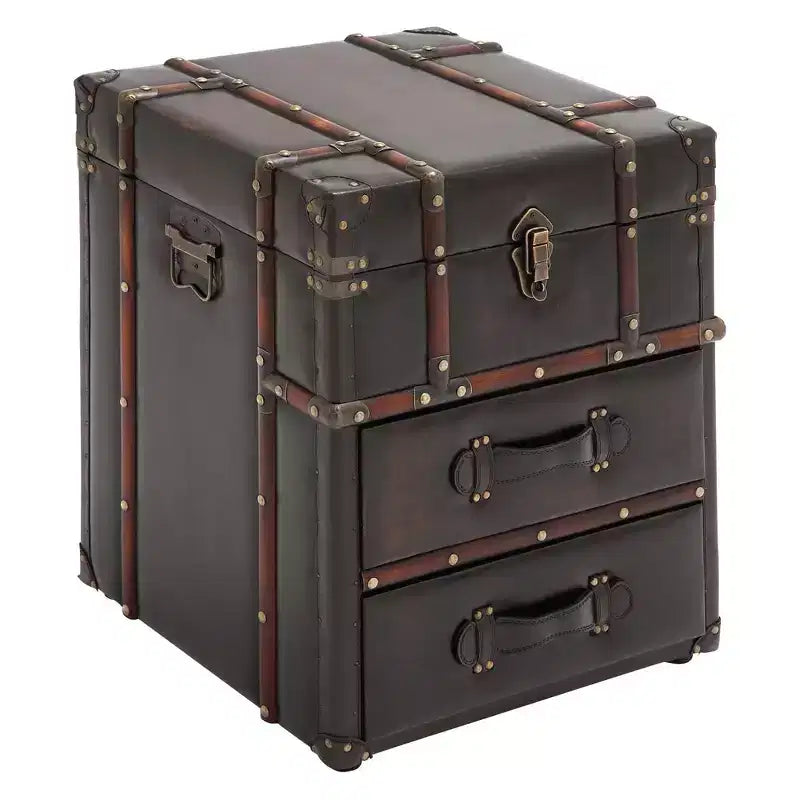 Tavolino da salotto a baule in legno e similpelle marrone espresso, nessun assemblaggio richiesto, 2 cassetti