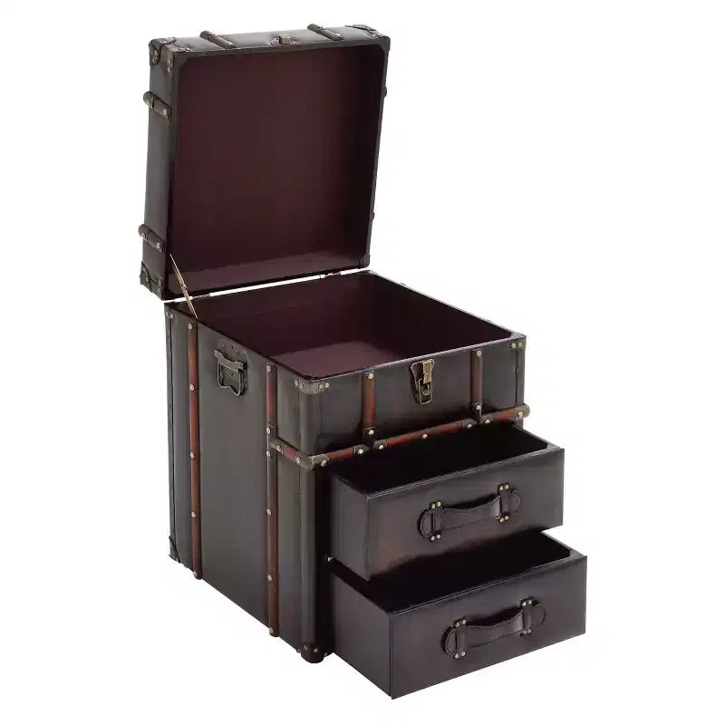 Tavolino da salotto a baule in legno e similpelle marrone espresso, nessun assemblaggio richiesto, 2 cassetti