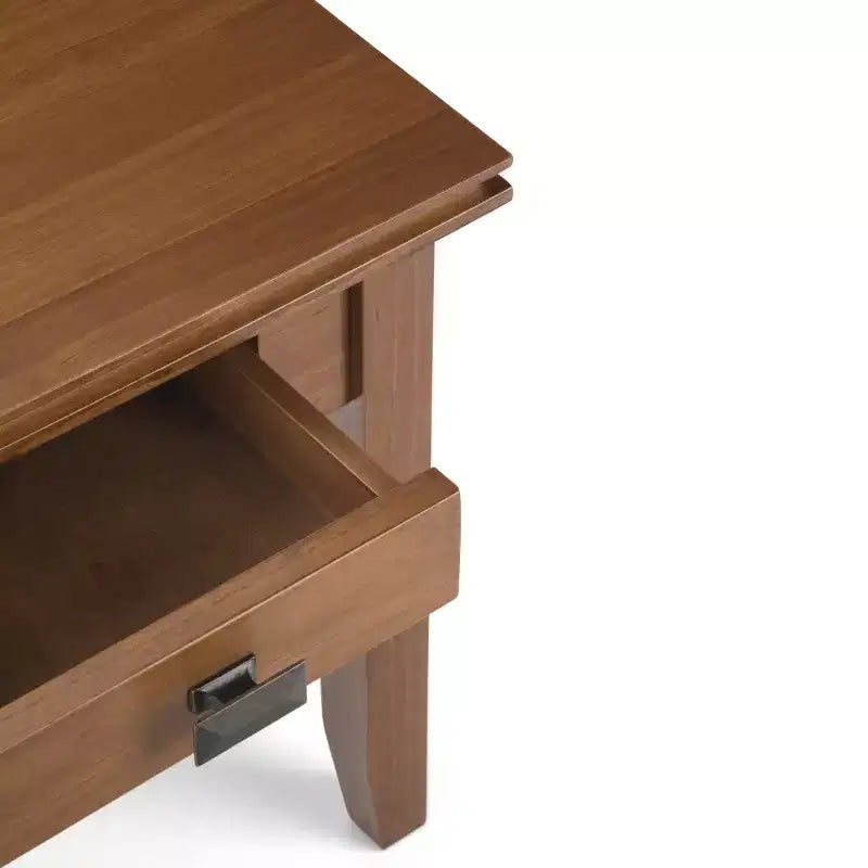 Tavolino da salotto quadrato da 21" in legno massello con cassetto, stile contemporaneo, accessori in bronzo, marrone