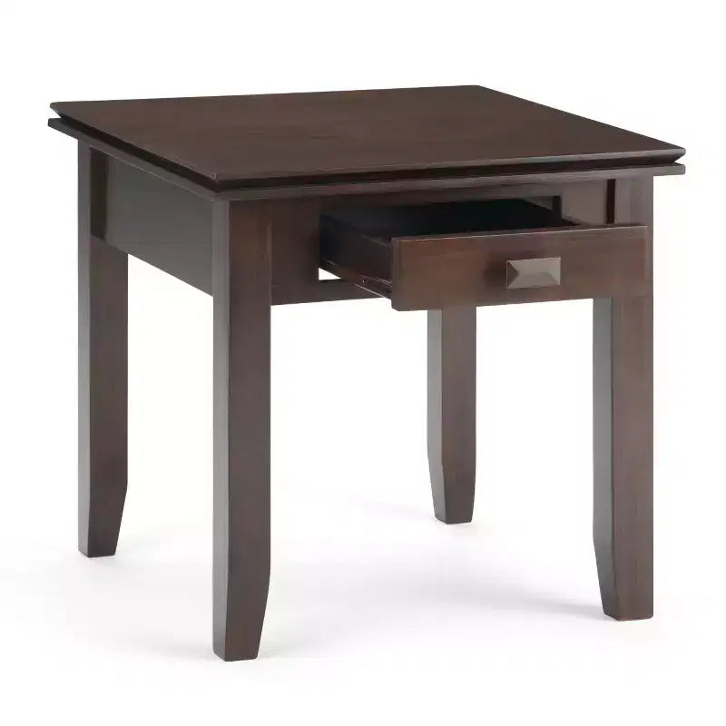 Tavolino da salotto quadrato da 21" in legno massello con cassetto, stile contemporaneo, accessori in bronzo, marrone