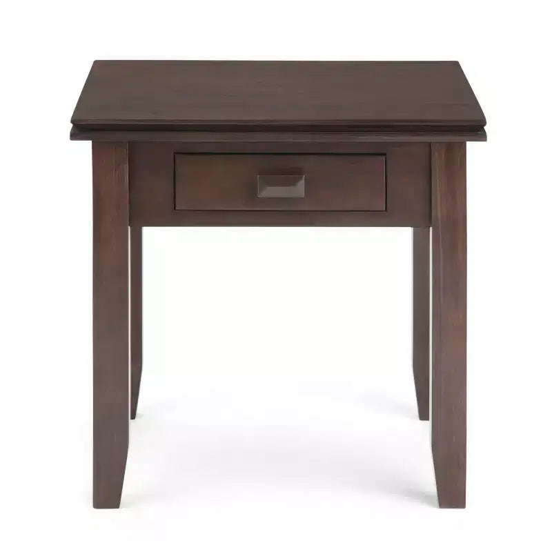 Tavolino da salotto quadrato da 21" in legno massello con cassetto, stile contemporaneo, accessori in bronzo, marrone