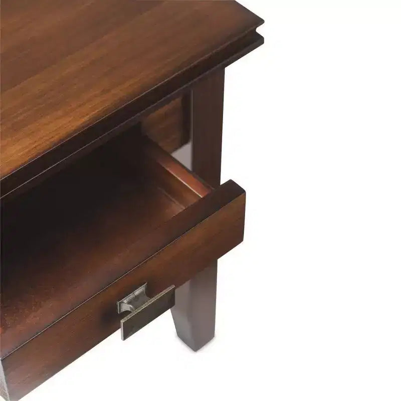 Tavolino da salotto quadrato da 21" in legno massello con cassetto, stile contemporaneo, accessori in bronzo, marrone