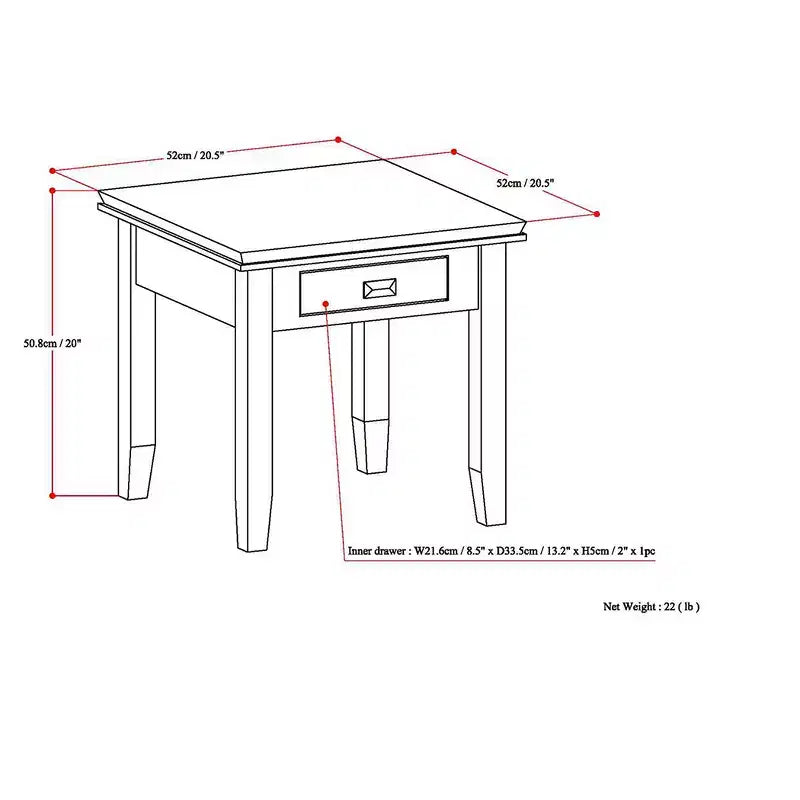 Tavolino da salotto quadrato da 21" in legno massello con cassetto, stile contemporaneo, accessori in bronzo, marrone