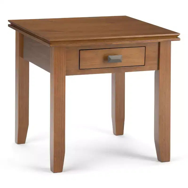 Tavolino da salotto quadrato da 21" in legno massello con cassetto, stile contemporaneo, accessori in bronzo, marrone