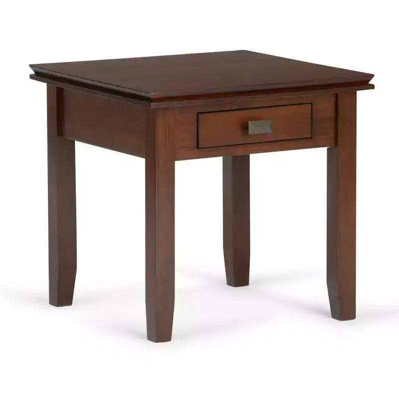 Tavolino da salotto quadrato da 21" in legno massello con cassetto, stile contemporaneo, accessori in bronzo, marrone
