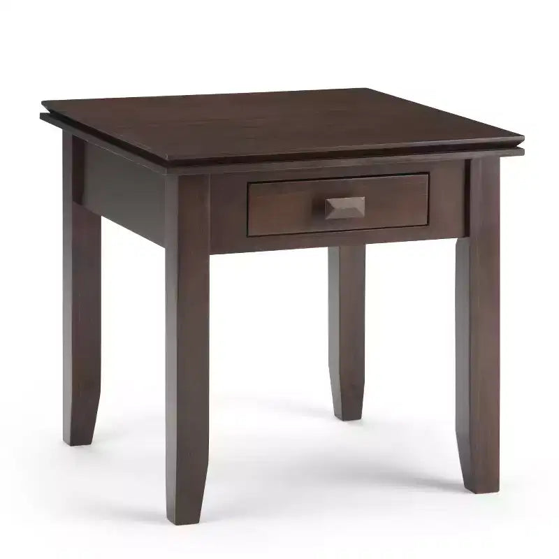 Tavolino da salotto quadrato da 21" in legno massello con cassetto, stile contemporaneo, accessori in bronzo, marrone