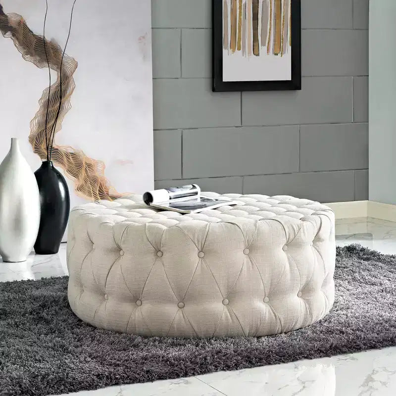 Pouf rotondo trapuntato in tessuto, 40 pollici, schiuma densa