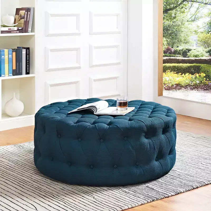 Pouf rotondo trapuntato in tessuto, 40 pollici, schiuma densa