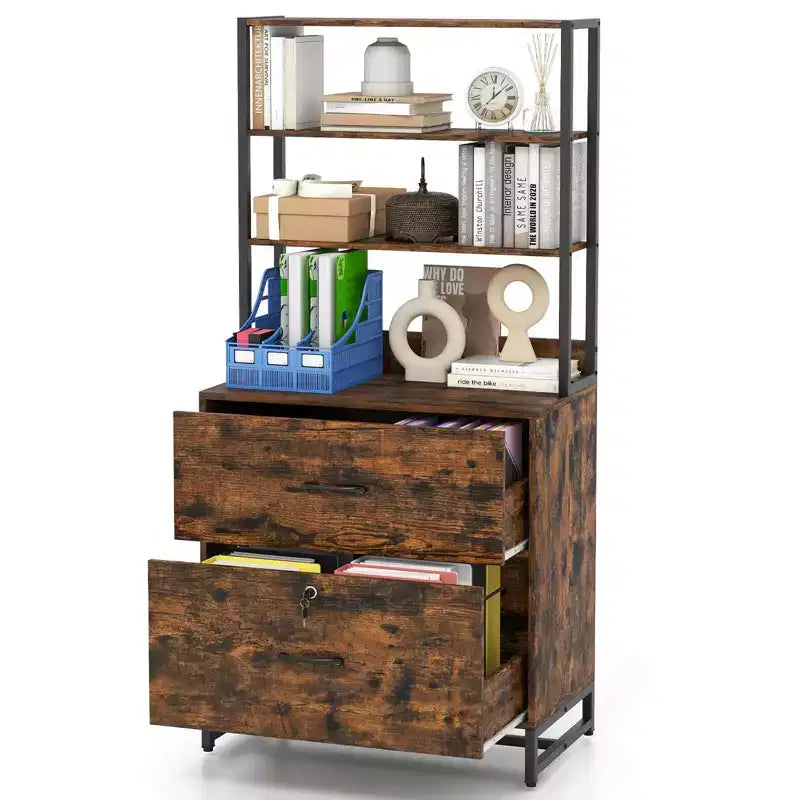 Mobile schedario verticale a 2 cassetti con serratura e libreria a 4 ripiani, stile industriale, formato Letter