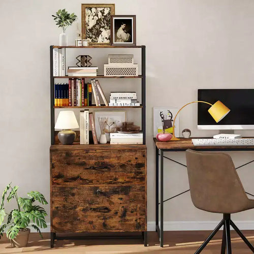 Mobile schedario verticale a 2 cassetti con serratura e libreria a 4 ripiani, stile industriale, formato Letter