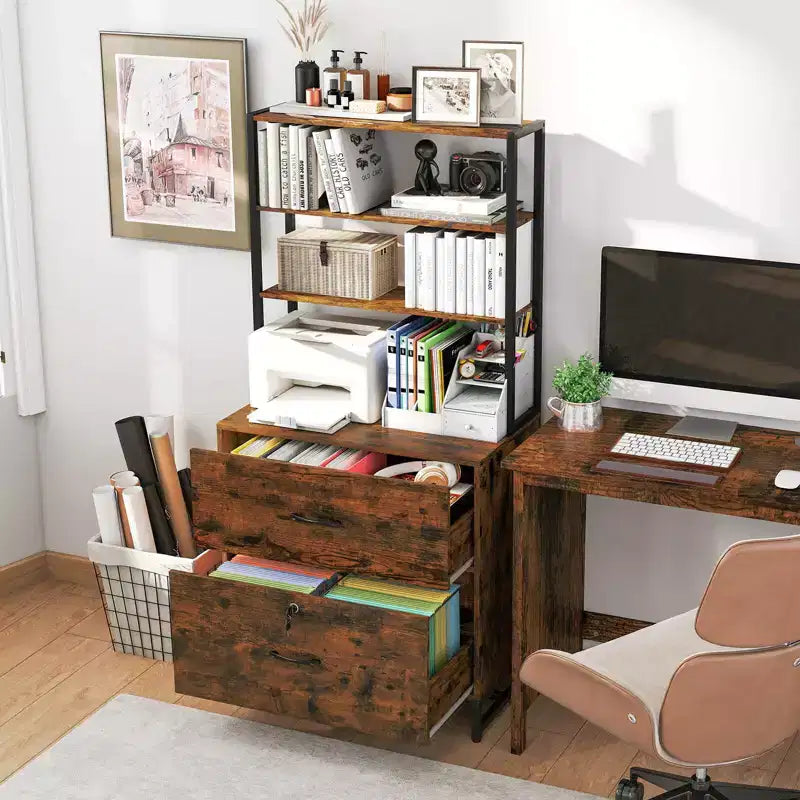 Mobile schedario verticale a 2 cassetti con serratura e libreria a 4 ripiani, stile industriale, formato Letter